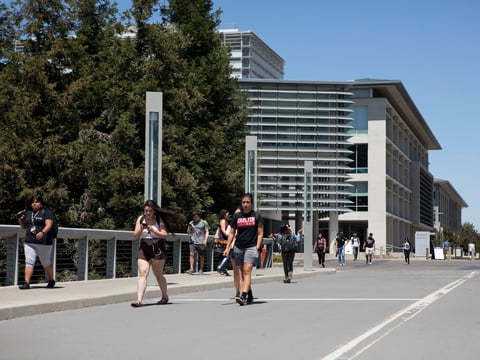 Students walking across UC Merced campus on August 2, 2019.