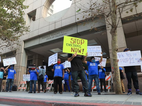 Housing and health care advocates for California's Proposition 21 staged a rally and car caravan to protest California Gov. Gavin Newsom's ongoing failure on housing and homelessness in the state in downtown Los Angeles on Wednesday, Octobe