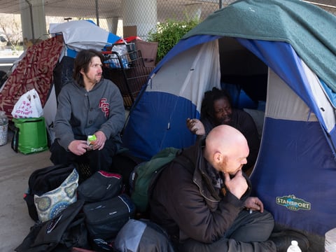 Top to bottom: Christopher Falk, John Heidelburg, and Douglas Burnett under the WX overpass in Sacramento, Thursday, March 26, 2020.