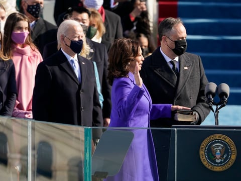 Californian Kamala Harris is sworn in as vice president by Supreme Court Justice Sonia Sotomayor as her husband Doug Emhoff holds the Bible during the 59th Presidential Inauguration at the U.S. Capitol in Washington on Jan. 20, 2021.