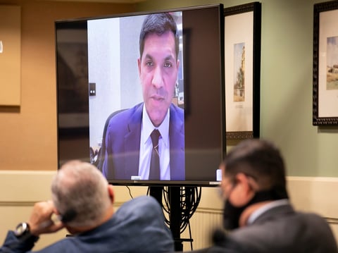 Assemblymembers listen as Faiz Ahmad, Bank of America managing director of transaction services, makes opening comments during a budget subcommittee hearing on unemployment insurance on Jan. 26, 2021.