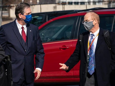 Former President Donald Trump's attorneys, including Bruce Castor Jr. (left) and David Schoen begin their impeachment case defense on Friday.