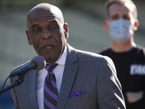 In this Jan. 15, 2021, file photo, state Sen. Steven Bradford, D-Gardena, addresses a press conference at Dodger Stadium in Los Angeles.