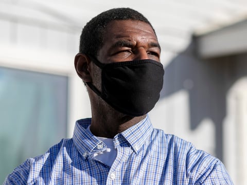 Stacy Estes in front of his home in Sacramento, Calif on Wednesday, April 7, 2021.
