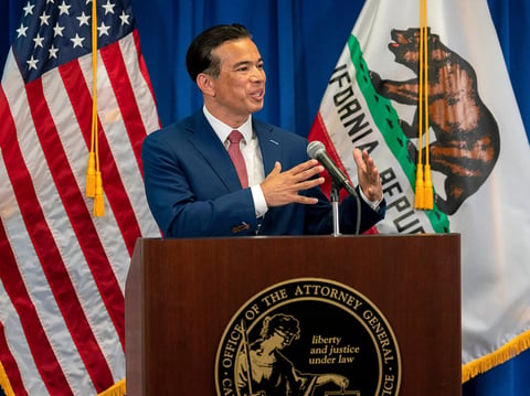 Attorney General Rob Bonta speaks after he was sworn in as California's 34th Attorney General, Friday, April 23, 2021 in Sacramento, Calif. Bonta, 49, is the first Filipino American to head the California Department of Justice.