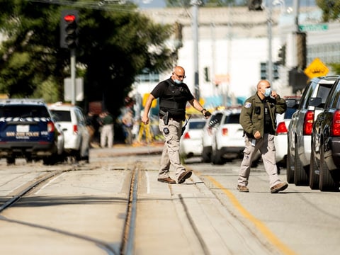 Law enforcement officers respond to the scene of a shooting at a Santa Clara Valley Transportation Authority (VTA) facility on Wednesday, May 26, 2021, in San Jose, Calif.
