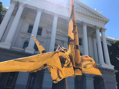 A handmade yellow paper crane at the California state Capitol on June 3, meant to symbolize hope and solidarity in support for Lam Hong Le.