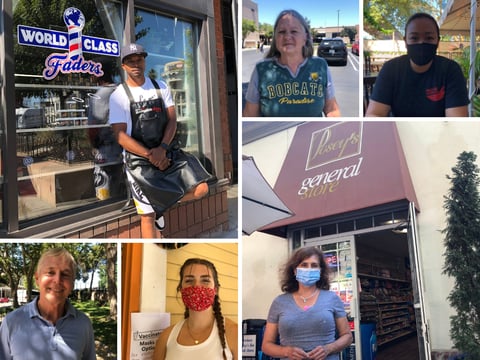 (From top left) Andrae Lewin, Vicky Guerra, Kanapa Yungvanitsait, Bonnie Gonzalez, Sophie Welk, and Bill Westerfield discussed their experience as California reopened its economy on June 15, 2021.