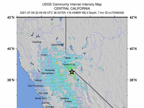 USGS Community Internet Intensity Map for magnitude 6.0 earthquake recorded Markleeville, CA Thursday, July 8.