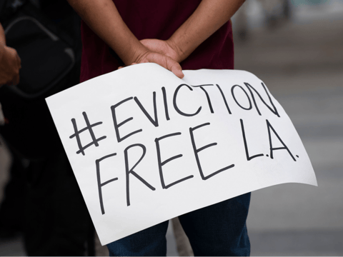 Renters and housing advocates attend a protest to cancel rent and avoid evictions amid Coronavirus pandemic last August in L.A.
