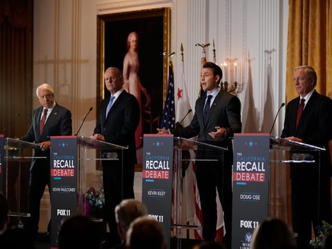 From left, Republican candidates for California Governor John Cox, Kevin Faulconer, Kevin Kiley and Doug Ose participate in a debate at the Richard Nixon Presidential Library Wednesday, Aug. 4, 2021, in Yorba Linda, Calif.