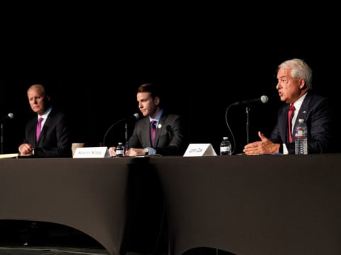 Republican gubernatorial candidate John Cox, right, responds to a question during a debate with challengers Assemblyman Kevin Kiley, R-Rocklin, center, and former San Diego Mayor Kevin Faulconer, left in Sacramento, Calif., Tuesday, Aug. 17, 2021.