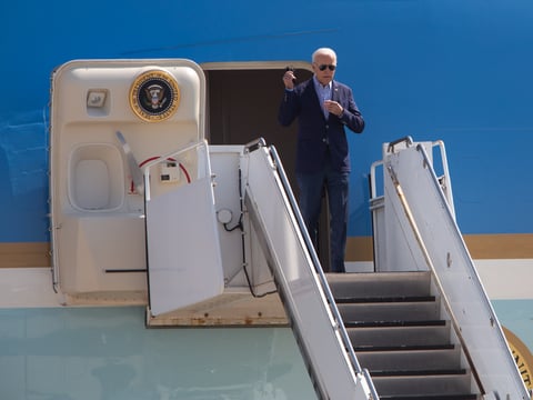 President Joe Biden arrives at Mather Airport before touring damage from the Caldor Fire Monday, Sept 13, 2021.