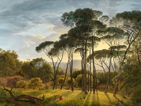 Italian Landscape with Umbrella Pines [gardens of the Villa Borghese] (1807) by Hendrik Voogd (1768-1839)