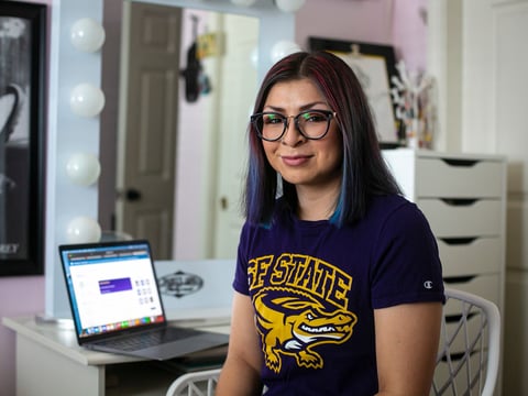San Francisco State University student Marissa Ledesma at her home in Bakersfield, where she attends class remotely on Oct. 27, 2021.