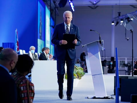 President Biden concludes his remarks at the COP26 U.N. Climate Summit on Monday in Glasgow, Scotland. Biden is holding a news conference from the summit on Tuesday.