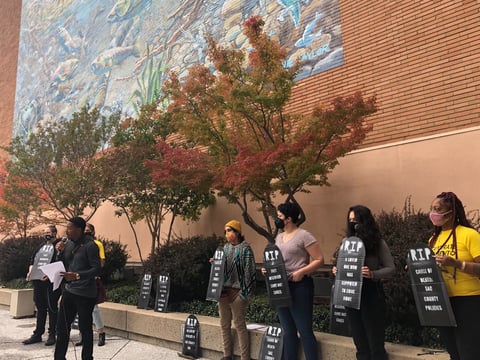 Supporters and members of Decarcerate Sacramento met in front of the Board of Supervisors office Tuesday to call for early releases due to the second COVID-19 outbreak in Sacramento County jails.