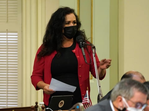 Assemblywoman Lorena Gonzalez, D-San Diego, speaks on the floor of the Assembly in Sacramento, Calif., Thursday, Sept. 2, 2021.