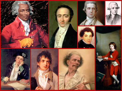 Top: Joseph Boulogne, Franz Xaver Wolfgang Mozart, Thomas Linley, Jr. Joseph Myslivecek. Below: Joseph Martin Kraus, François-Adrien Boieldieu, Pedro Ximénez Abril Tirado, Samuel Wesley.