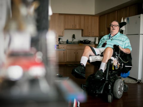 Bradley Fisher, 62, in the Antioch home he eventually moved into after spending 14 years in a Bay Area nursing home. Sept. 2, 2021.