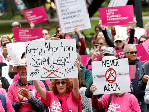 People rally in support of abortion rights at the state Capitol in Sacramento, Calif., May 21, 2019.