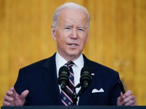 President Biden speaks about Ukraine at the White House on Tuesday. He said Russian President Vladimir Putin's recognition of breakaway republics in two Ukrainian oblasts is a "flagrant violation of international law."