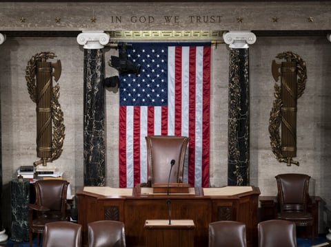 The speaker's dais in the House of Representatives is seen at the Capitol on Monday, where President Biden will deliver his State of the Union speech Tuesday night to a joint session of Congress and the nation.