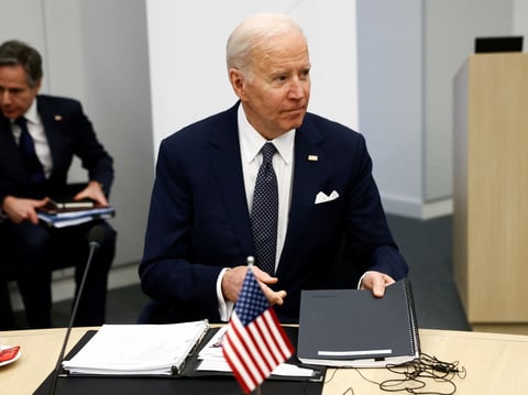 President Joe Biden attends a G7 leaders meeting during a NATO summit on Russia's invasion of Ukraine, at the alliance's headquarters in Brussels, on Thursday.