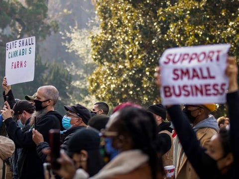 Supporters for equity cannabis tax reform gather at a rally at the state Capitol on Jan. 13, 2021.