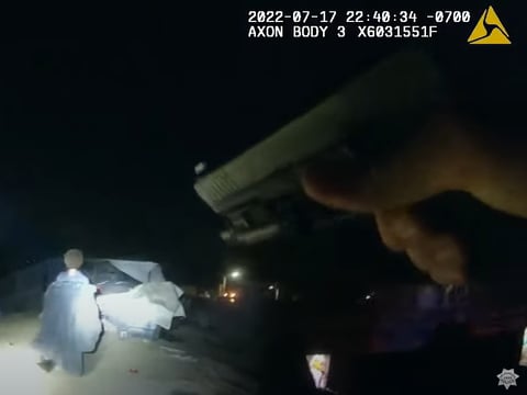 Police body camera footage shows an officer telling Darrell Buckner to stop walking in Sacramento, Calif., on July 17, 2022. The officer shot Buckner, who had a felony warrant, moments later.