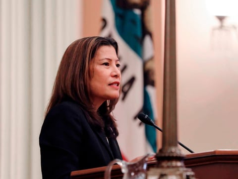 In this photo provided by the Judicial Council of California, California Chief Justice Tani Cantil-Sakauye delivers her State of the Judiciary address before a joint session of the Legislature at the Capitol in Sacramento, Calif., Tuesday, March 19.