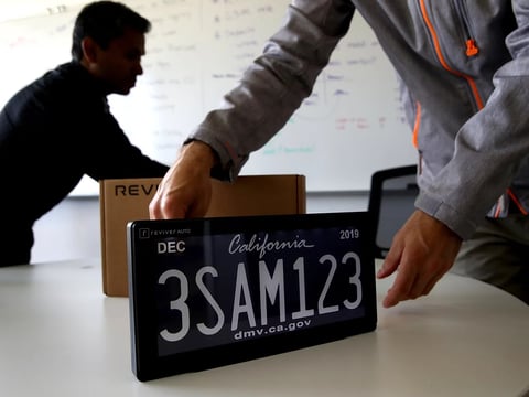 A digital license plate made by Reviver is shown in California on May 30, 2018.