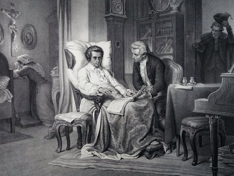 "Moment from the Last Days of Mozart." Mozart, with the score of the Requiem on his lap, gives last-minute instructions. Mozart's wife Constanze is in the background. By Eduard Friedrich Leybold (1857).