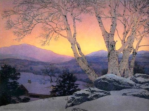 "Birches in Winter - Christmas Morning" (1946) by American illustrator Maxfield Parrish