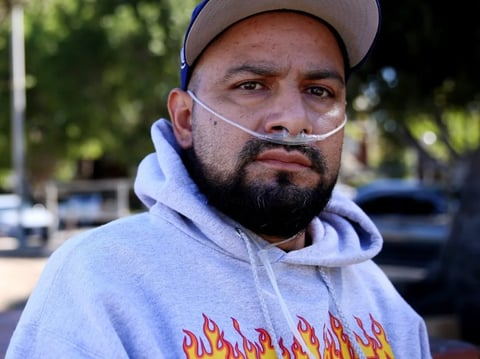 Juan Rodrigo Gonzalez Morín, 36, of Sun Valley, must use an oxygen tank to supplement his breathing due to his silicosis.