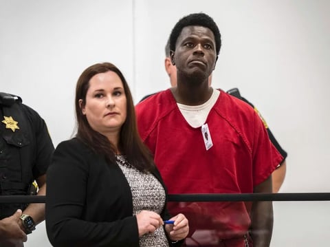 Wesley Brownlee stands with public defender Allison Nobert during his arraignment in San Joaquin County Superior Court on Oct. 18. Brownlee has been charged this week in four additional slayings.