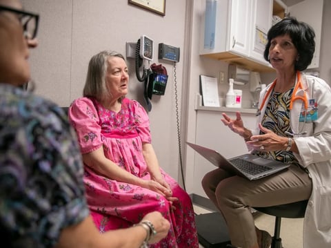 Nurse practitioner Surani Hayre-Kwan, right, speaks with patient Mary Valesano, left, and her caregiver Georgia Manolakos-Fraley, during a check-up at the Russian River Health Center in 2020.