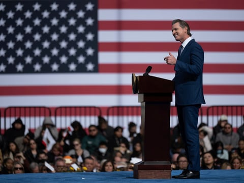 Governor Gavin Newsom speaks during his inauguration in the Plaza de California in Sacramento, Calif., Friday, Jan. 6, 2023.