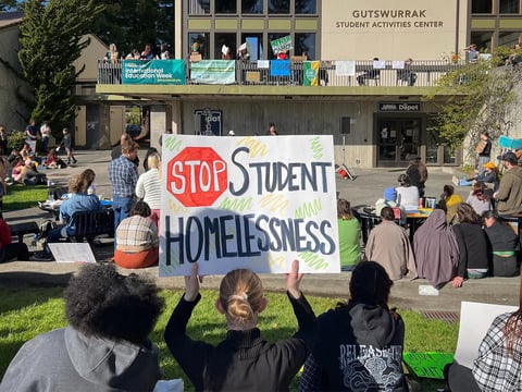 Hundreds of Cal Poly Humboldt students and campus community members protest against a housing policy change that left continuing students unsure where they would live next semester, at the campus quad on Feb. 8, 2023.
