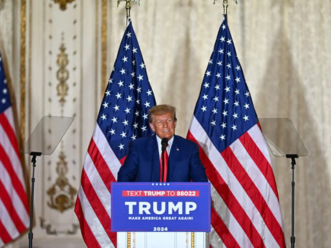 Former US president Donald Trump speaks during a press conference following his court appearance.