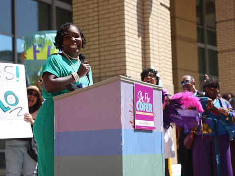 Epidemiologist and progressive organizer Flojaune Cofer announces plans to run for Sacramento mayor in 2024 at a press conference at Sacramento City Hall on April 19, 2023.