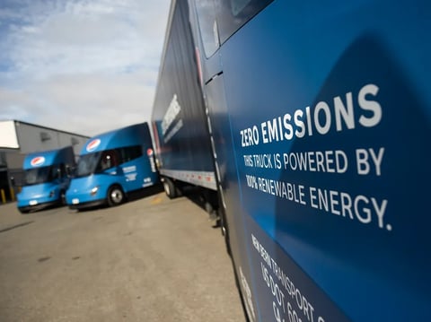 A fleet of new Tesla big rigs was on display at PepsiCo's Sacramento facility on April 11, 2023.