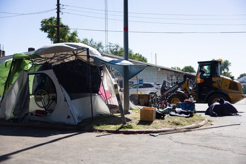 An encampment by Grant Park is forcibly cleared in Sacramento, Calif. on Thursday, July 27, 2023.