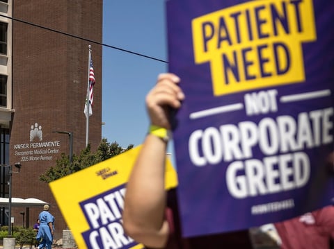 Kaiser Permanente health care workers strike outside a Kaiser facility in Sacramento on July 25, 2023. Workers are on the picket lines to protest patient care crisis and unsafe staffing at Kaiser hospitals.