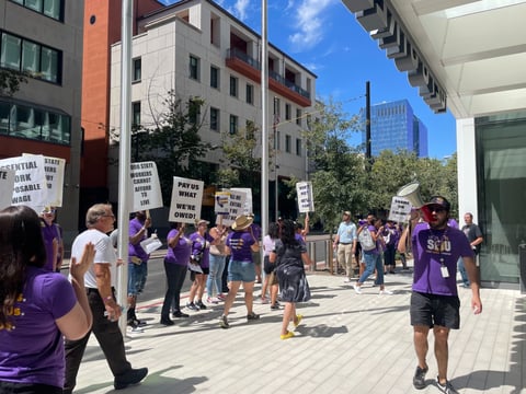 Members of SEIU Local 1000, which represents nearly 100,000 California state workers, protested in sweltering conditions outside the O Street building where lawmakers and the governor work.