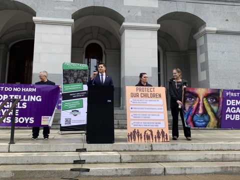 Assembly member Bill Essayli speaks at a press conference announcing a planned lawsuit against state Attorney General Rob Bonta on the steps of the California Capitol on Jan 3, 2024.