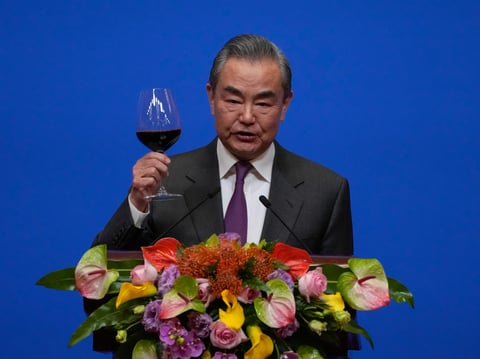 Chinese Foreign Minister Wang Yi gives a toast to invited guests after delivering a speech at a reception for Commemoration of the 45th Anniversary of China-U.S. Diplomatic Relations at the Diaoyutai Guest House in Beijing, Friday, Jan. 5, 2024.