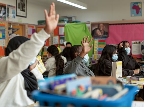Students in Theresa Griffin’s sixth-grade class wore masks at Stege Elementary School in Richmond on Feb. 6, 2023.