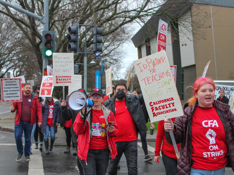 Members of the California Faculty Association picket at Sacramento State on Monday, Jan. 22, 2024.