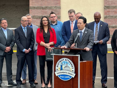District Attorney Thien Ho speaks at a news conference relating to new efforts to curb retail theft on Jan. 23, 2024.